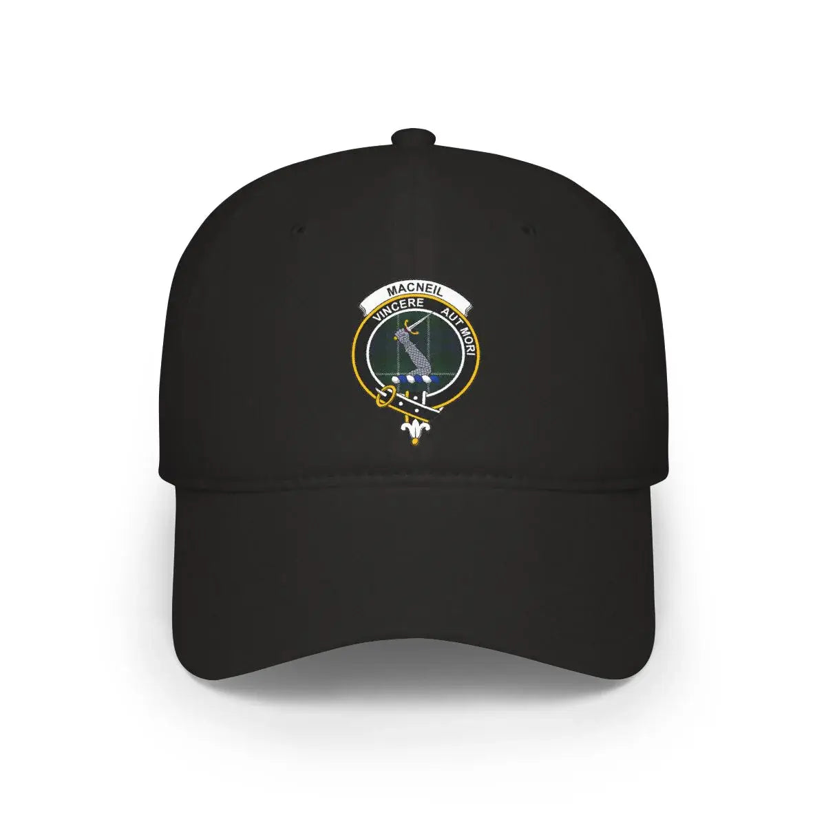 Clan MacNeil Vincere Aut Mori crest cap shown from front — khaki cotton panel