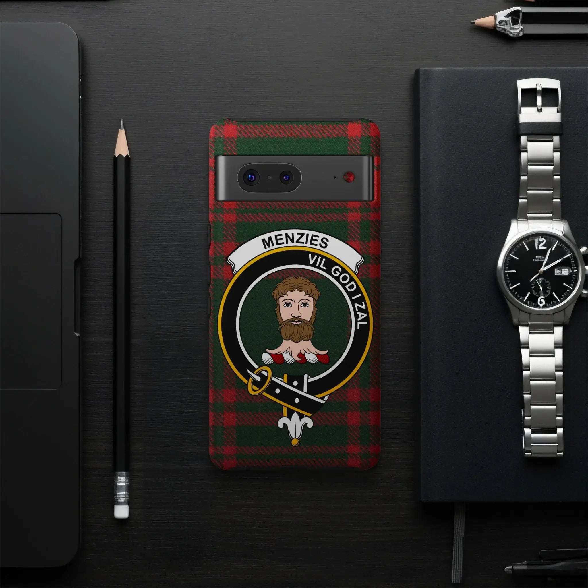 Menzies Vil God I Zal clan crest phone case design — glossy impact-resistant tartan cover