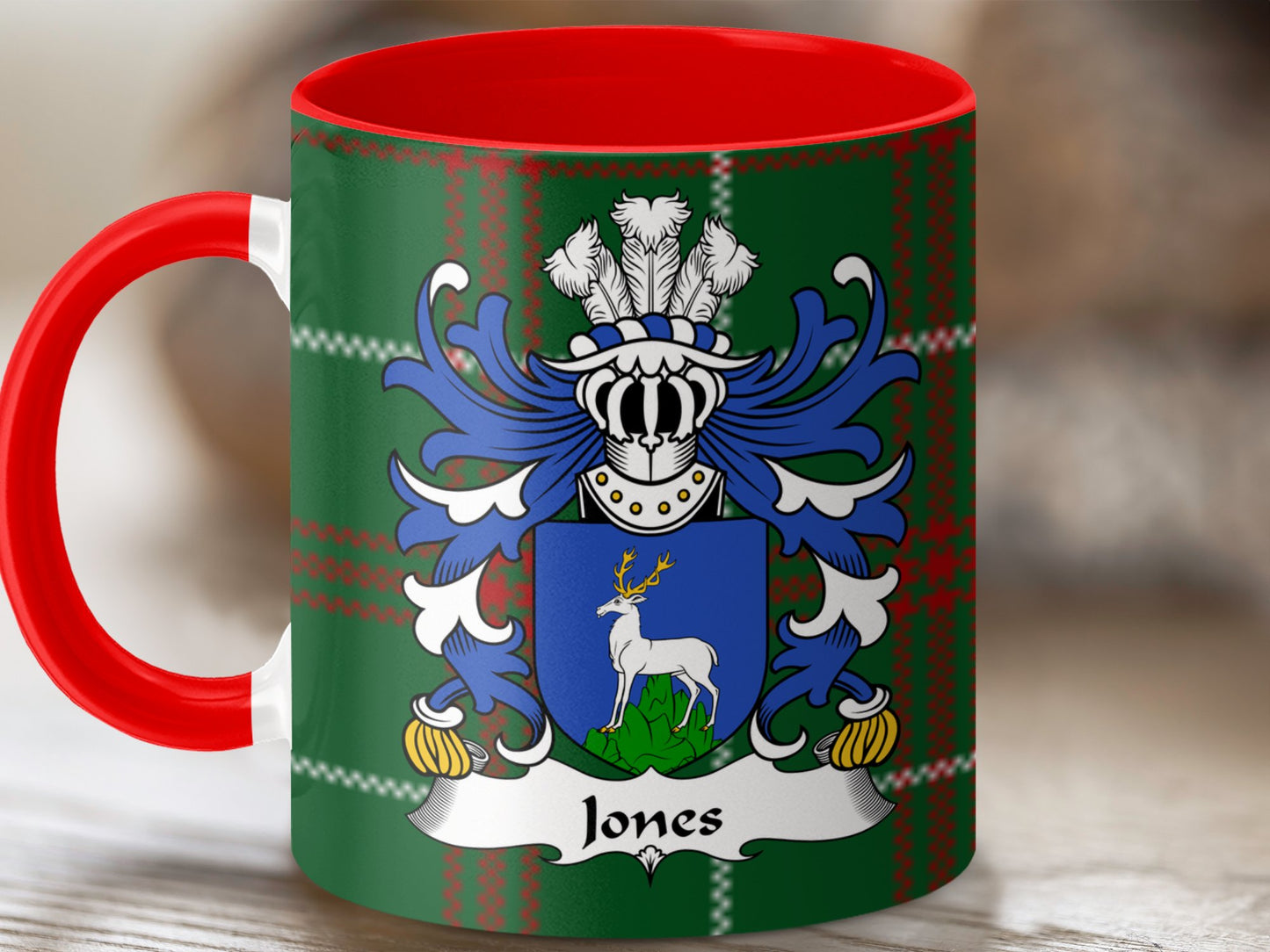 Jones Family Crest on Tartan Background Mug - Living Stone Gifts