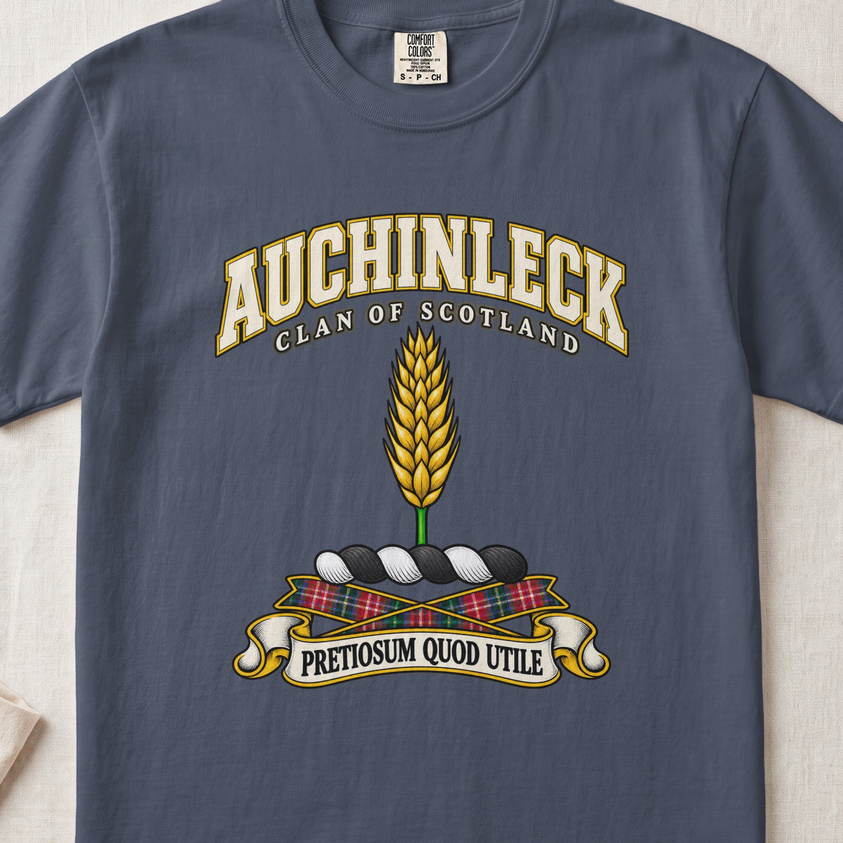 Auchinleck Scottish clan T-shirt in Midnight, front view with a golden ear of wheat and motto banner.