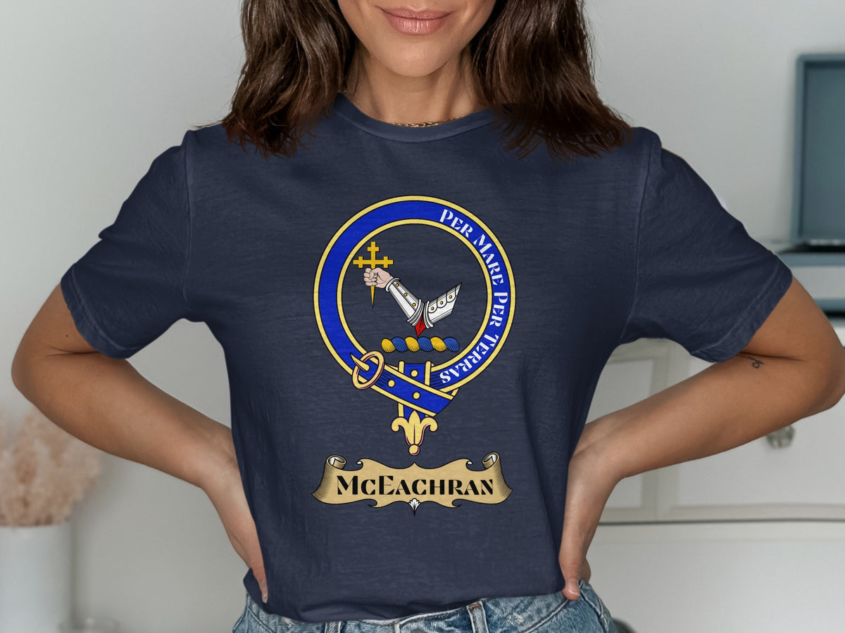 McEachran Scottish clan crest design on navy T-shirt