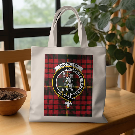 Scottish Clan Crest MacQueen Tartan Background Tote Bag - Living Stone Gifts