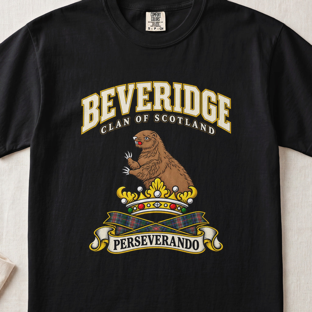 Beveridge Scottish clan T-shirt in Black, front view with a brown beaver above a gold crown and motto banner.