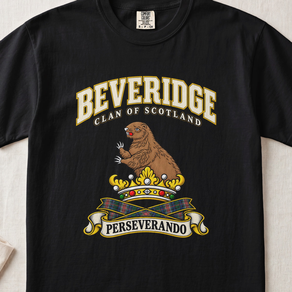 Beveridge Scottish clan T-shirt in Black, front view with a brown beaver above a gold crown and motto banner.