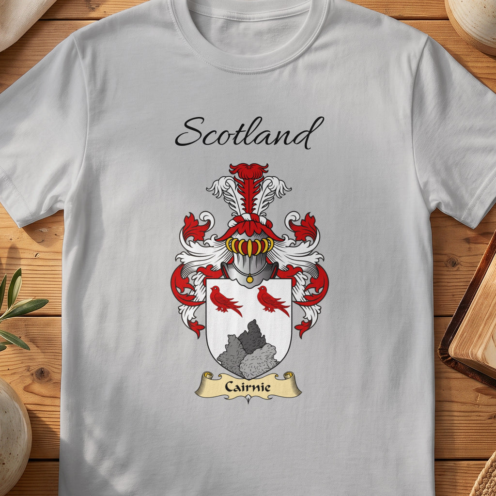 Sport Grey Cairnie Scottish family shield T-shirt featuring red birds above a grey rocky motif