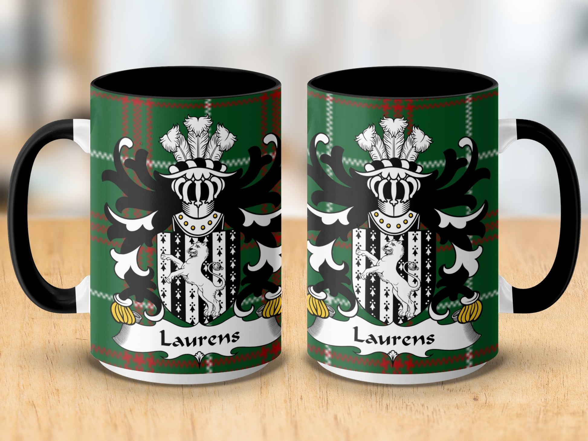 Laurens Welsh Surname Coat of Arms on Tartan Background Mug - Living Stone Gifts