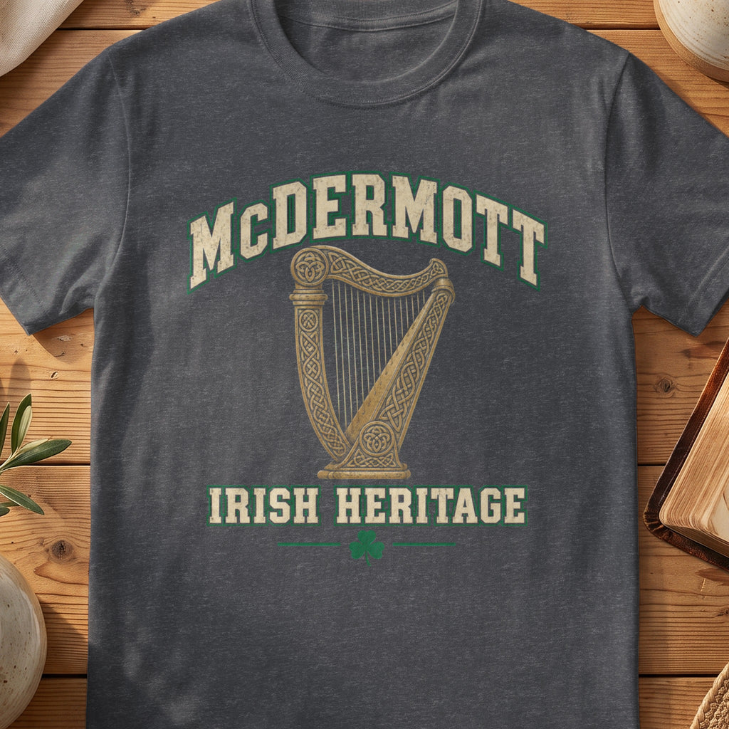 McDermott Irish Heritage dark heather gray Gildan 64000 T-shirt with Celtic harp design
