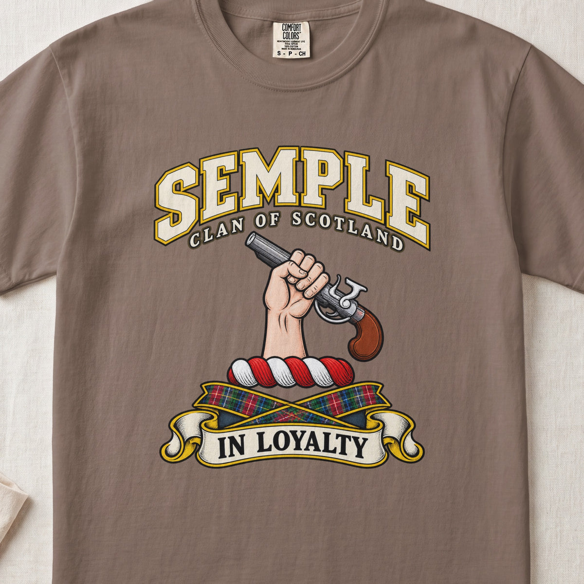 Semple Scottish clan T-shirt in Espresso, front view with a hand holding a flintlock pistol and motto banner.