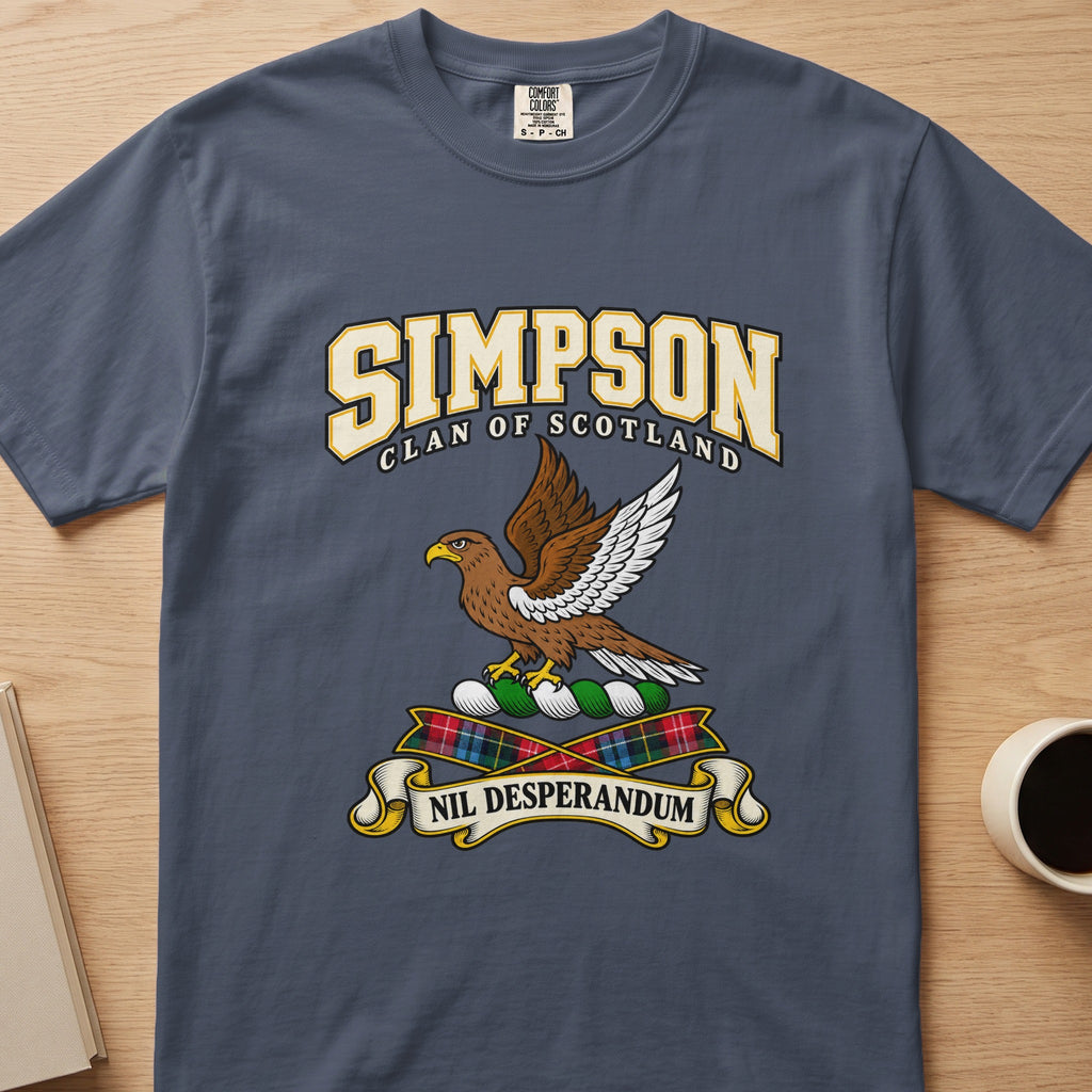 Simpson brown bird with raised white wing graphic on a slate blue Comfort Colors T-shirt, front view