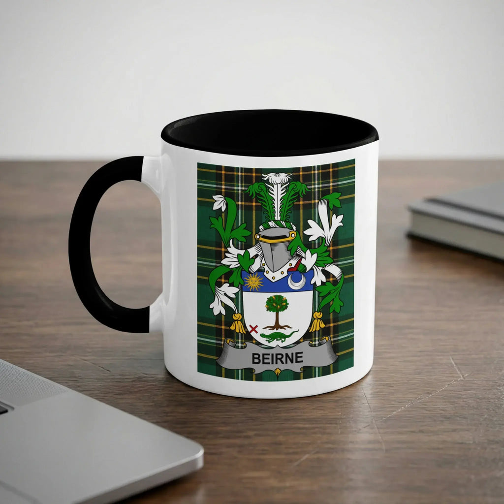 Mug with BEIRNE coat of arms on a green plaid background.