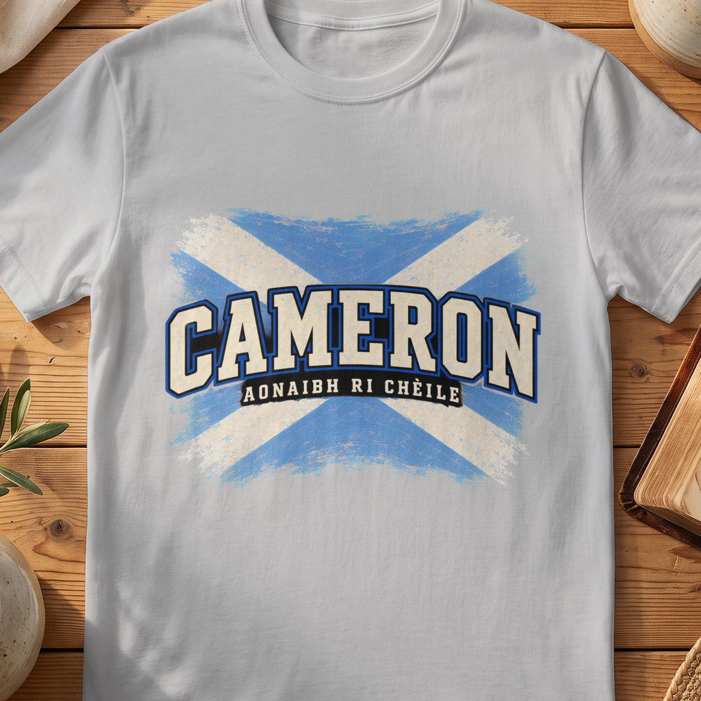 Cameron Scottish Saltire T-shirt in Sport Grey, with distressed blue and cream flag and “Aonaibh Ri Chèile” lettering.