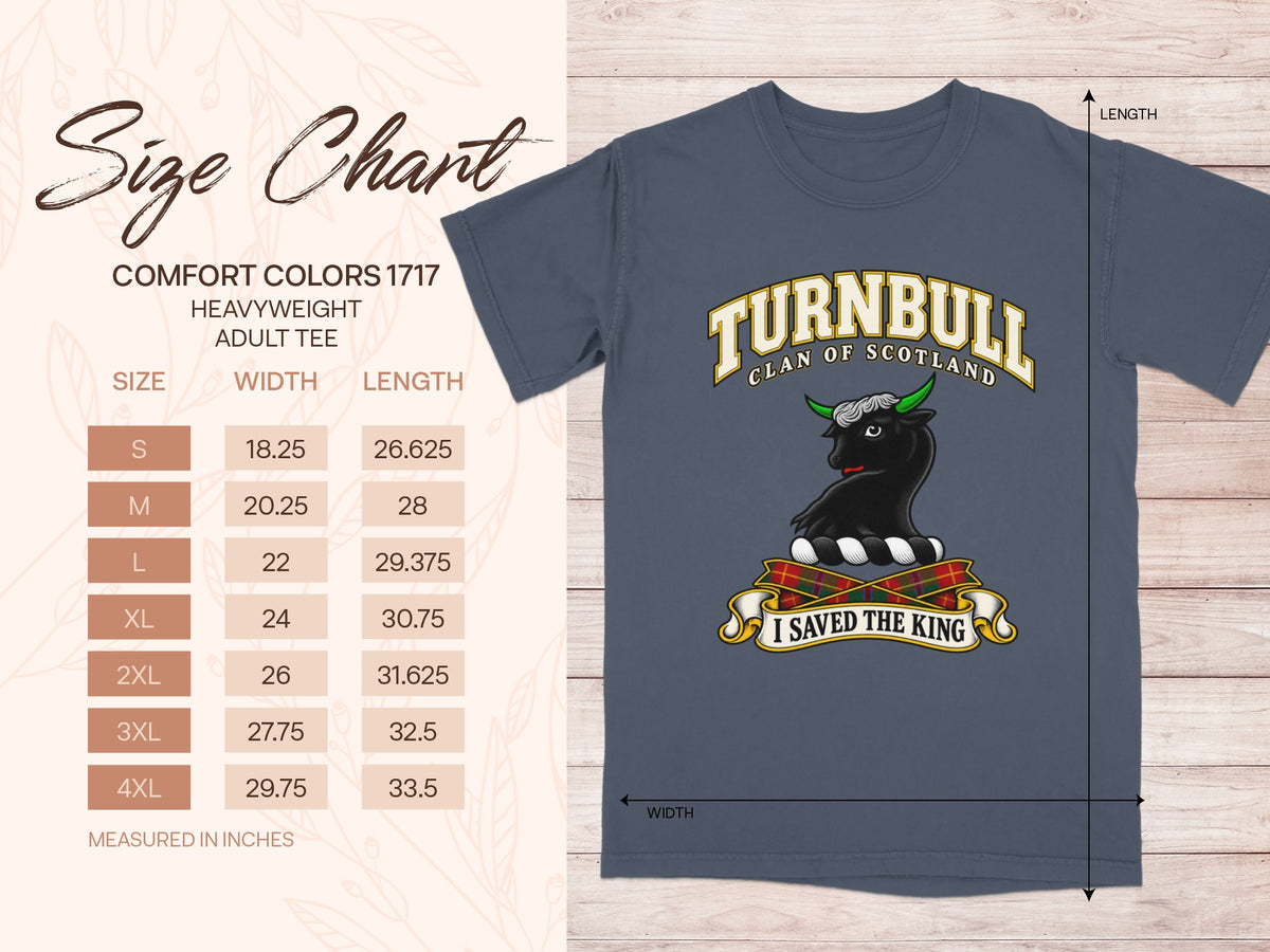 Comfort Colors 1717 size chart for the Turnbull Scottish clan T-shirt, adult sizes S–4XL.