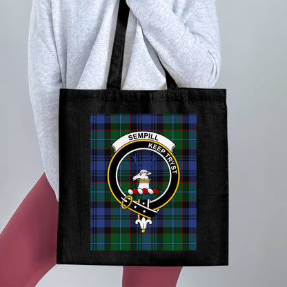 Scottish Clan Sempill Crest on Tartan Background Tote Bag - Living Stone Gifts