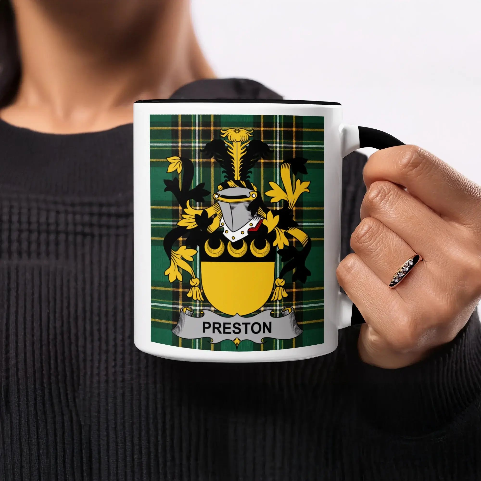 Preston black accent mug with Irish National Tartan and family crest