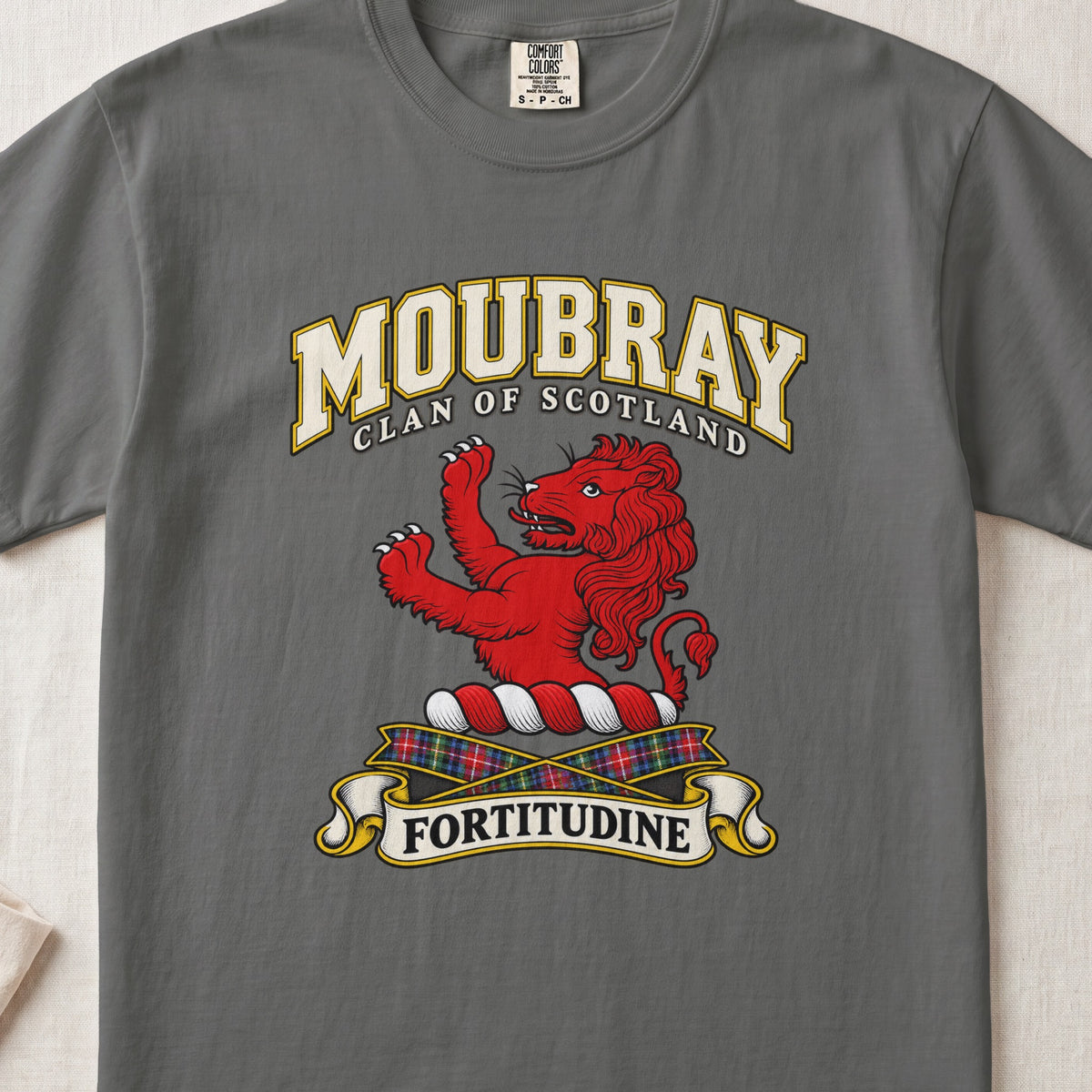 Moubray Scottish clan T-shirt in Pepper, front view with a red lion with raised forelegs and motto design.