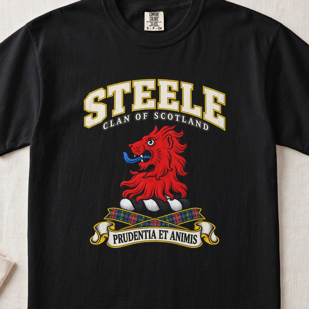Steele Scottish clan T-shirt in Black, front view with a red lion head and motto design.