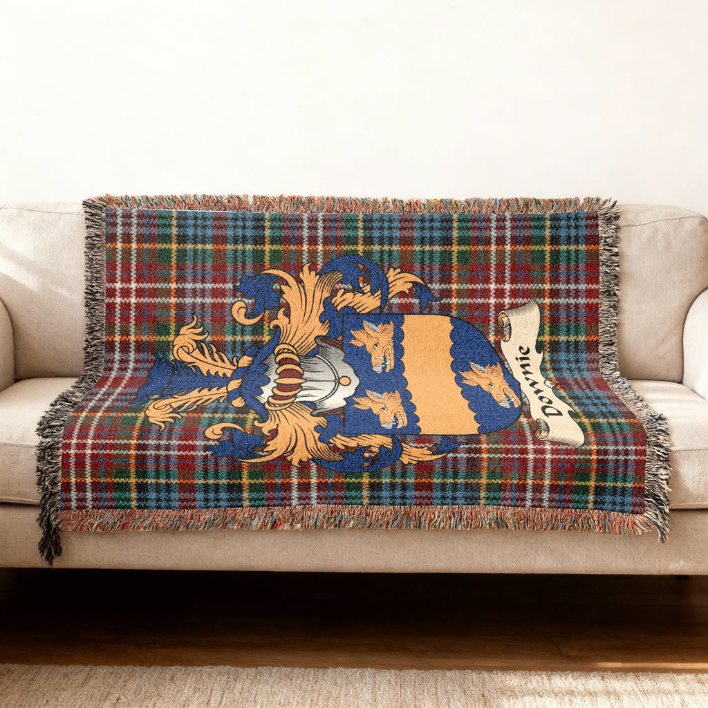 Downie Scottish woven blanket with family shield and Caledonia tartan background