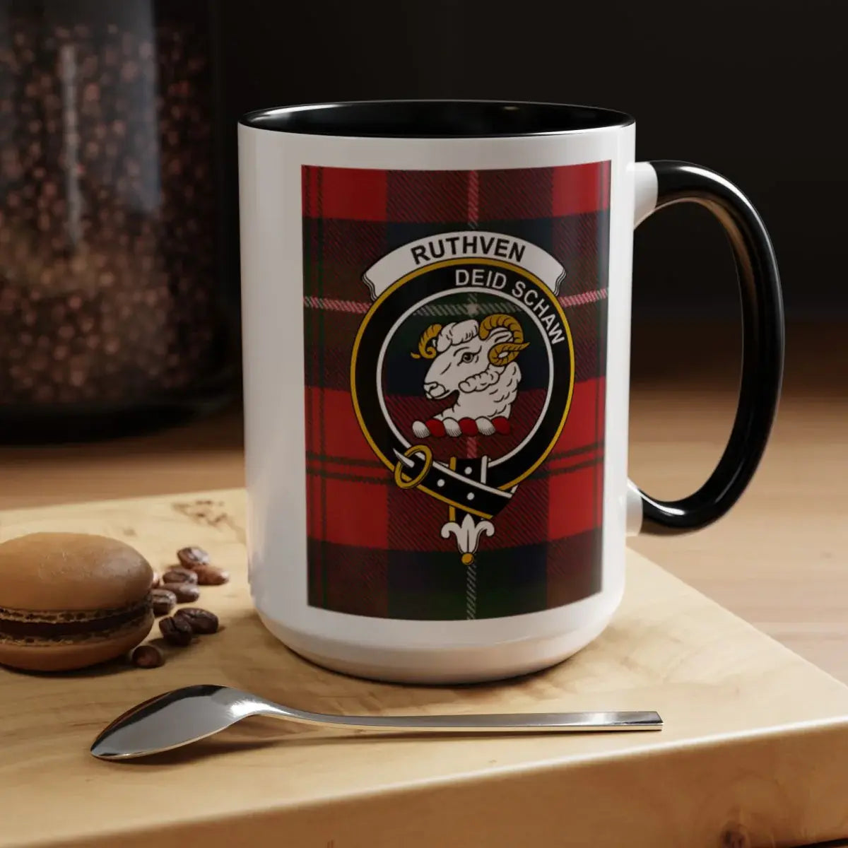 Ruthven deid schaw clan crest mug — navy handle, tartan pattern on ceramic