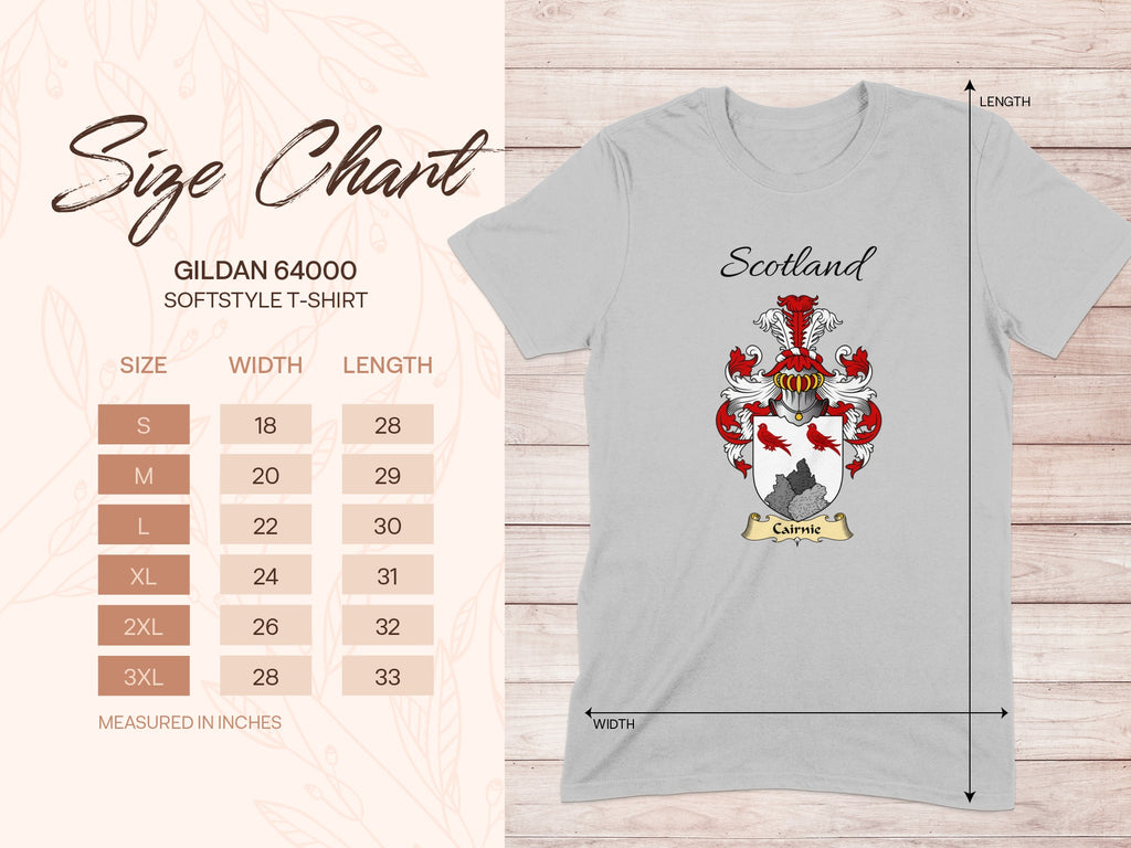Gildan 64000 size chart for the Cairnie unisex T-shirt, sizes S to 3XL