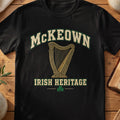 McKeown Irish Heritage black Gildan 64000 T-shirt with Celtic harp design