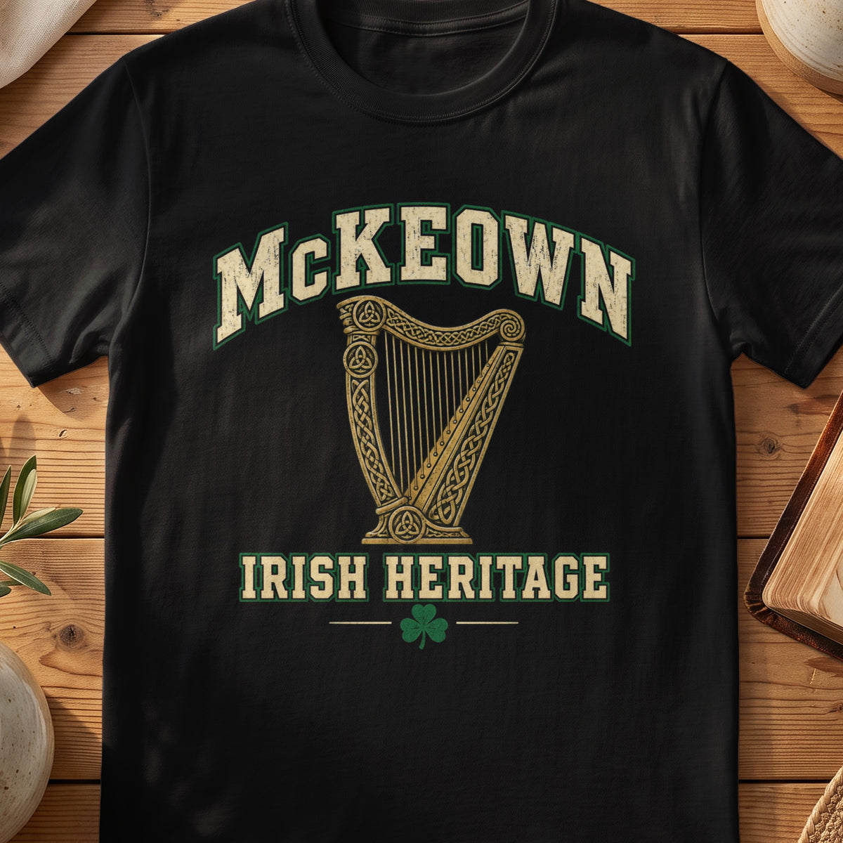 McKeown Irish Heritage black Gildan 64000 T-shirt with Celtic harp design