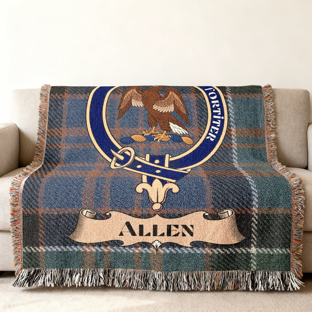 Allen clan tartan blanket with Fortiter motto draped over a sofa
