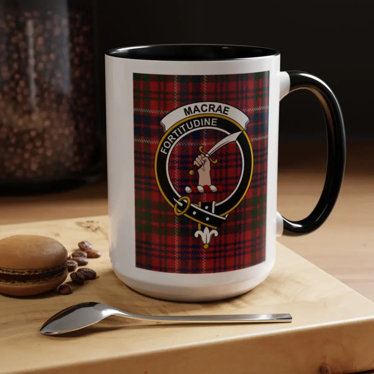MacRae clan crest mug with black handle — 15oz ceramic with Fortitudine tartan design