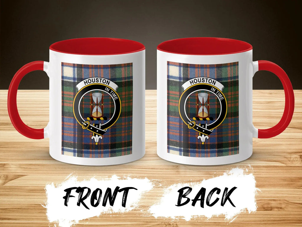 Clan Houston accent mug — red handle and interior, 11oz with tartan and crest print