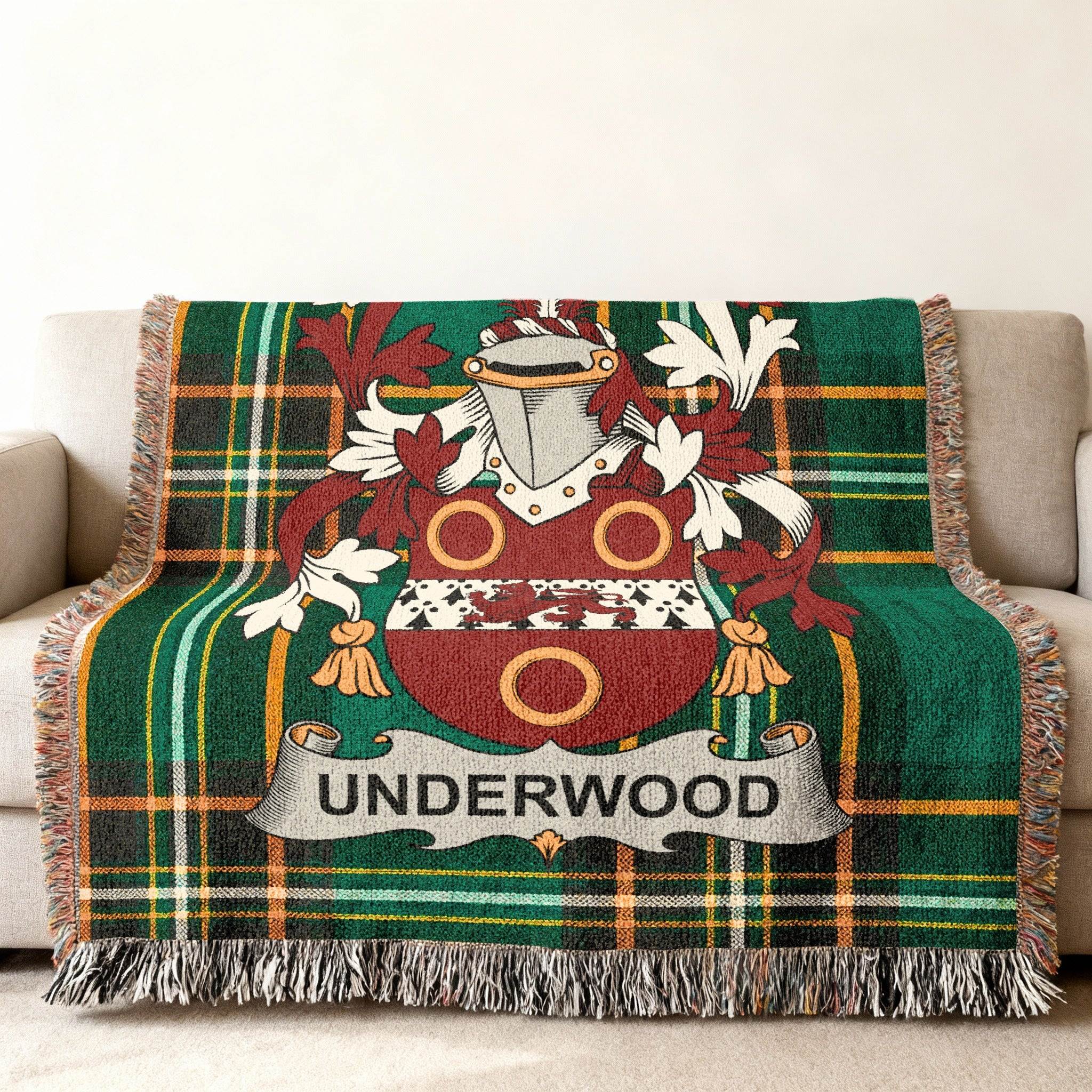 Green plaid blanket with the Underwood family crest.