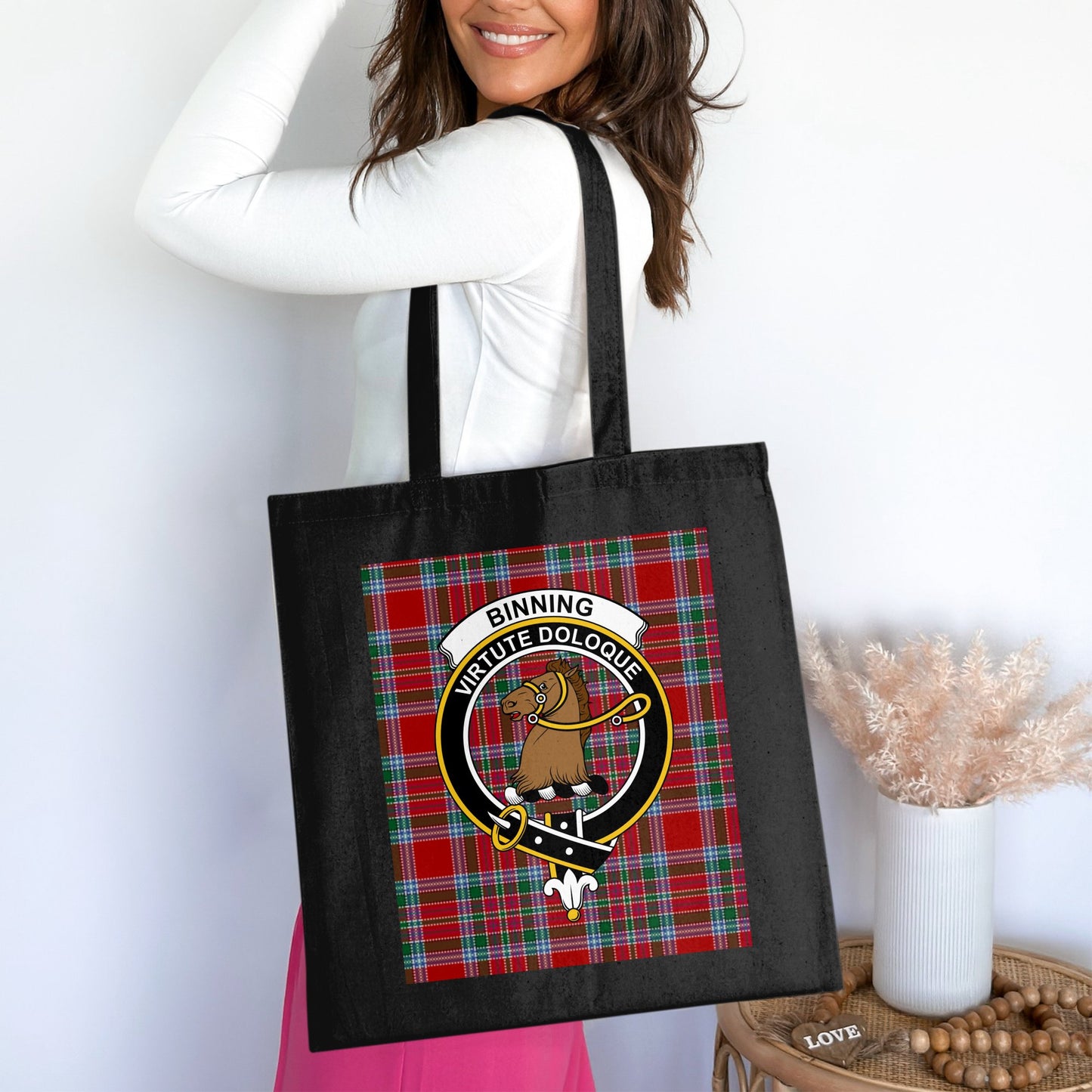 Binning Clan Crest with Scottish Tartan Background Tote Bag - Living Stone Gifts