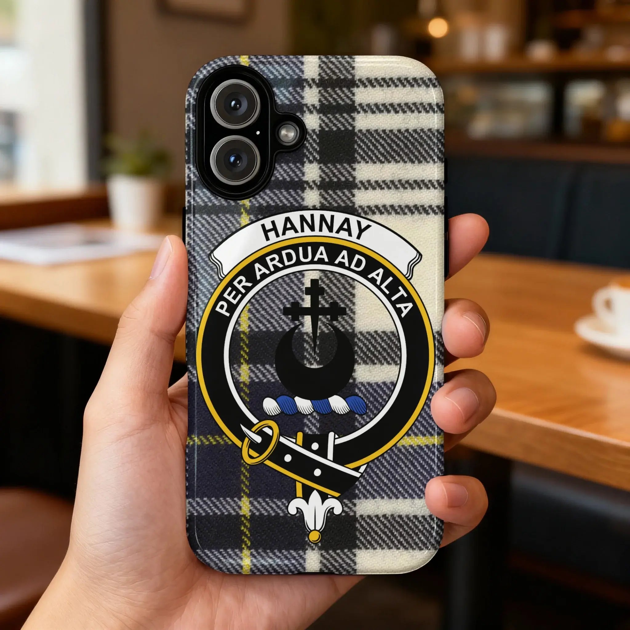 Clan Hannay heritage phone case — glossy finish showing full tartan crest design on Samsung Galaxy