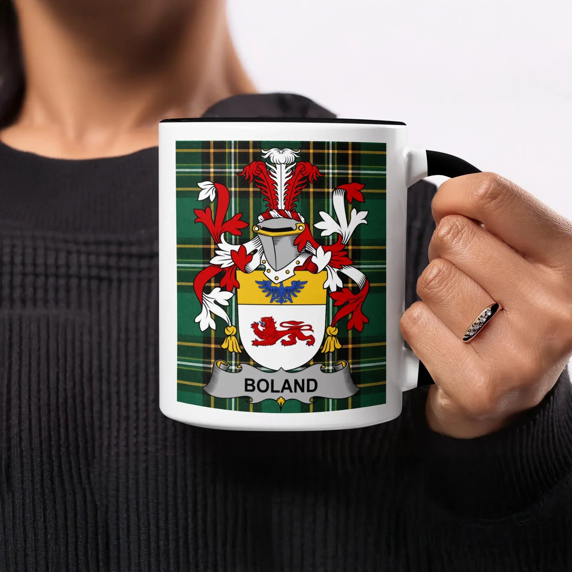 Mug with Boland crest and tartan pattern held by a person.