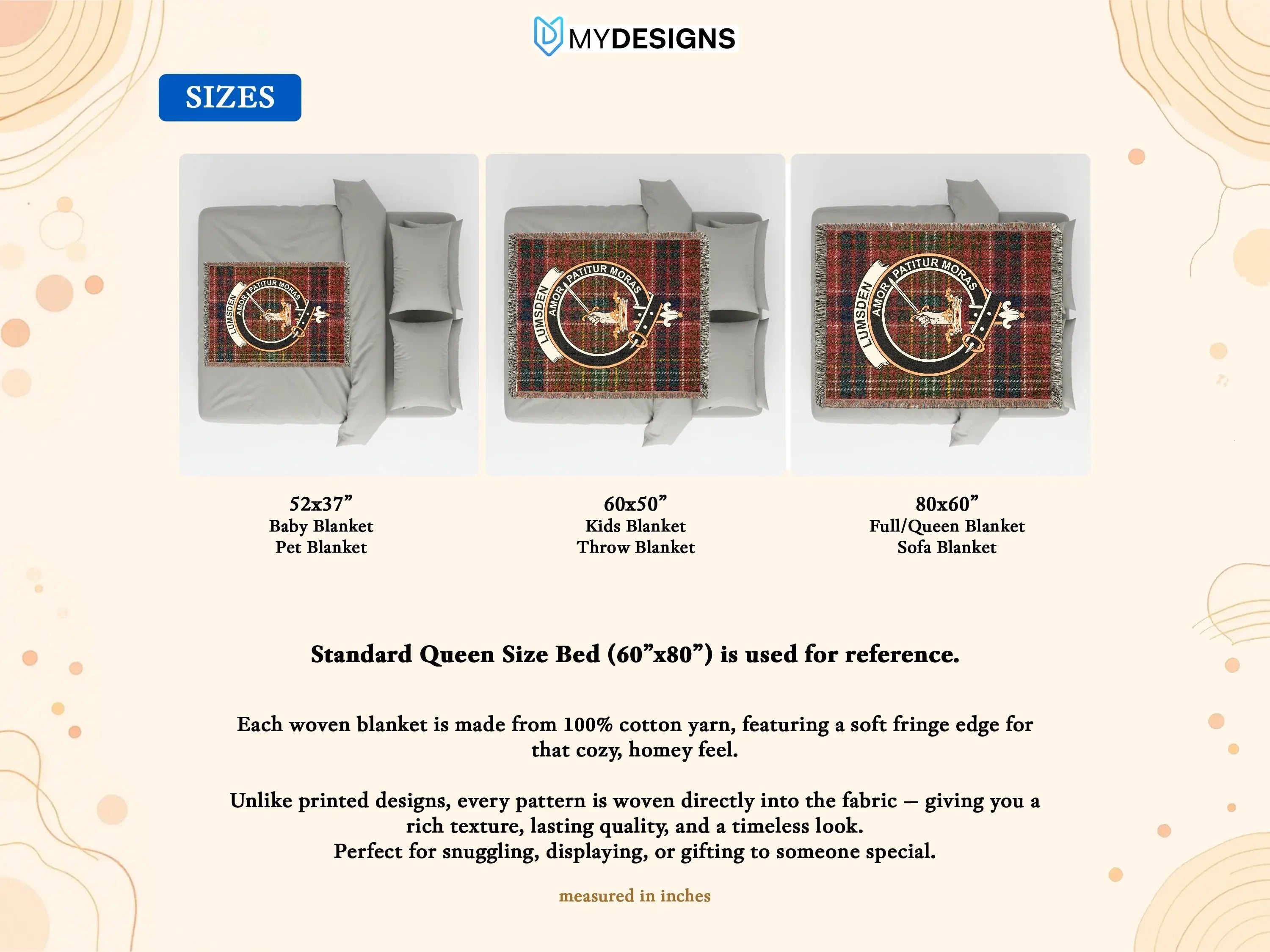 Clan Lumsden woven blanket — 80x60 inch full size, Love Endures Delays crest and tartan on sofa display
