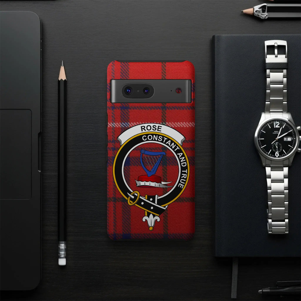 Rose crest phone case — slim dual-layer profile, Google Pixel shown