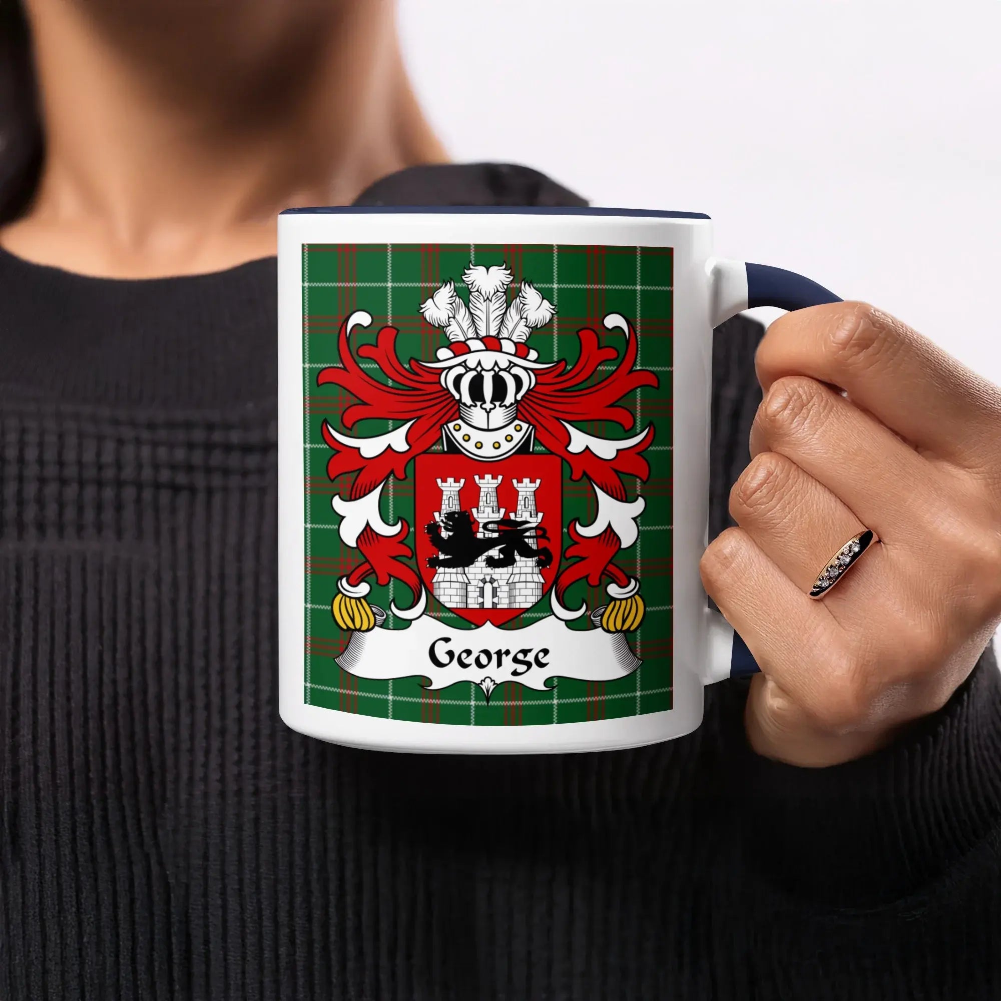 George Welsh ancestry gift mug with navy accent and family crest on green National Tartan