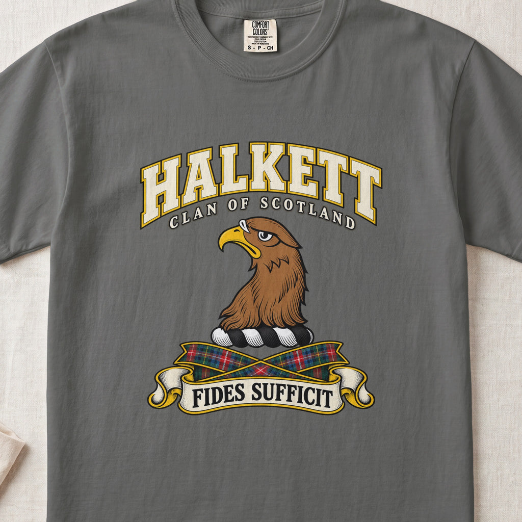 Halkett Scottish clan T-shirt in Pepper, front view with a brown eagle head and motto design.