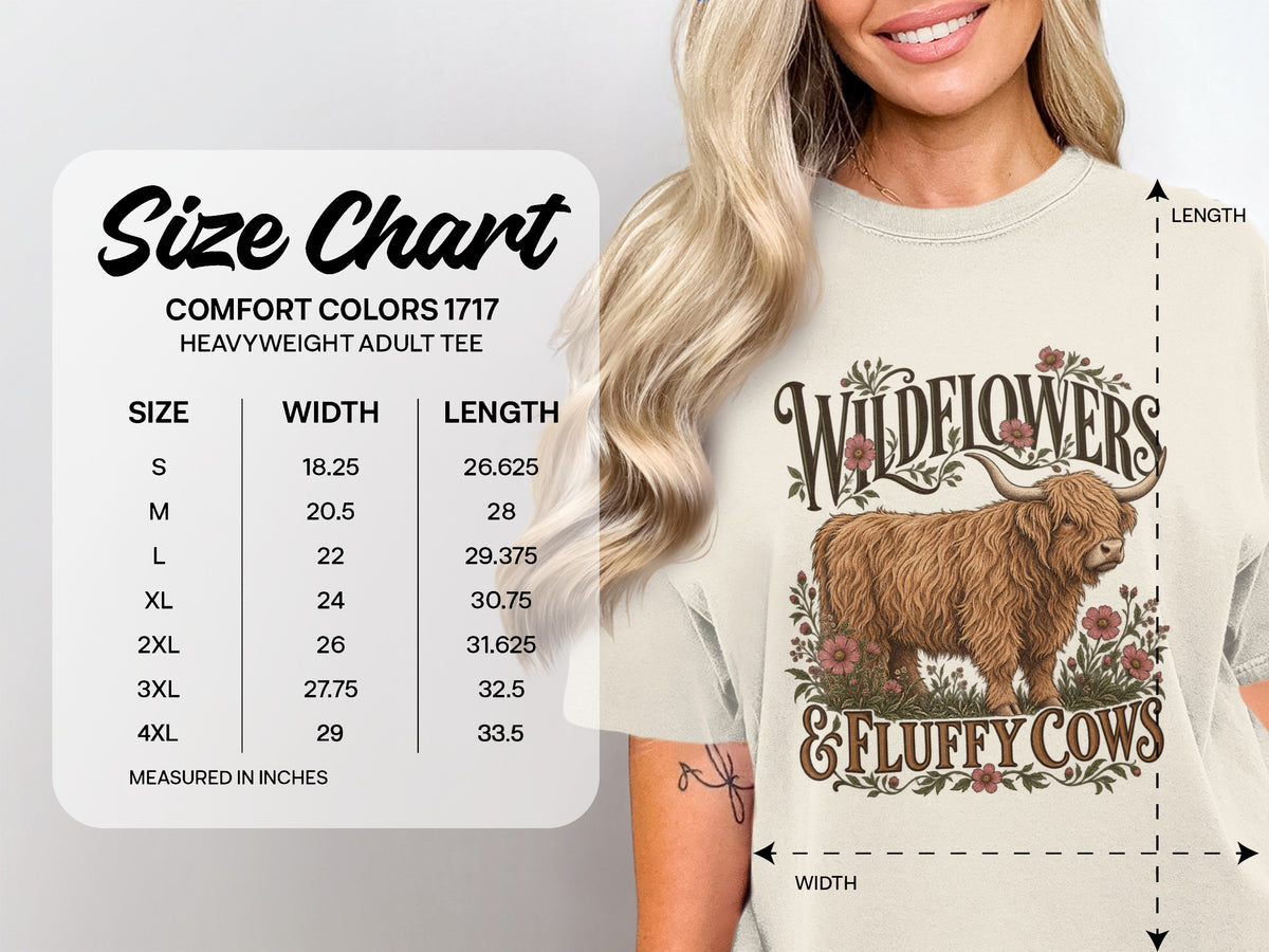 Comfort Colors 1717 size chart, S–4XL, for the Wildflowers & Fluffy Cows Highland cow T-shirt