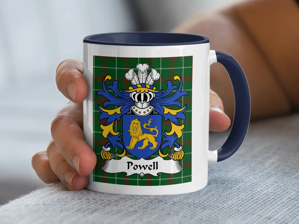 Powell Welsh family crest mug with navy accent and coat of arms on tartan