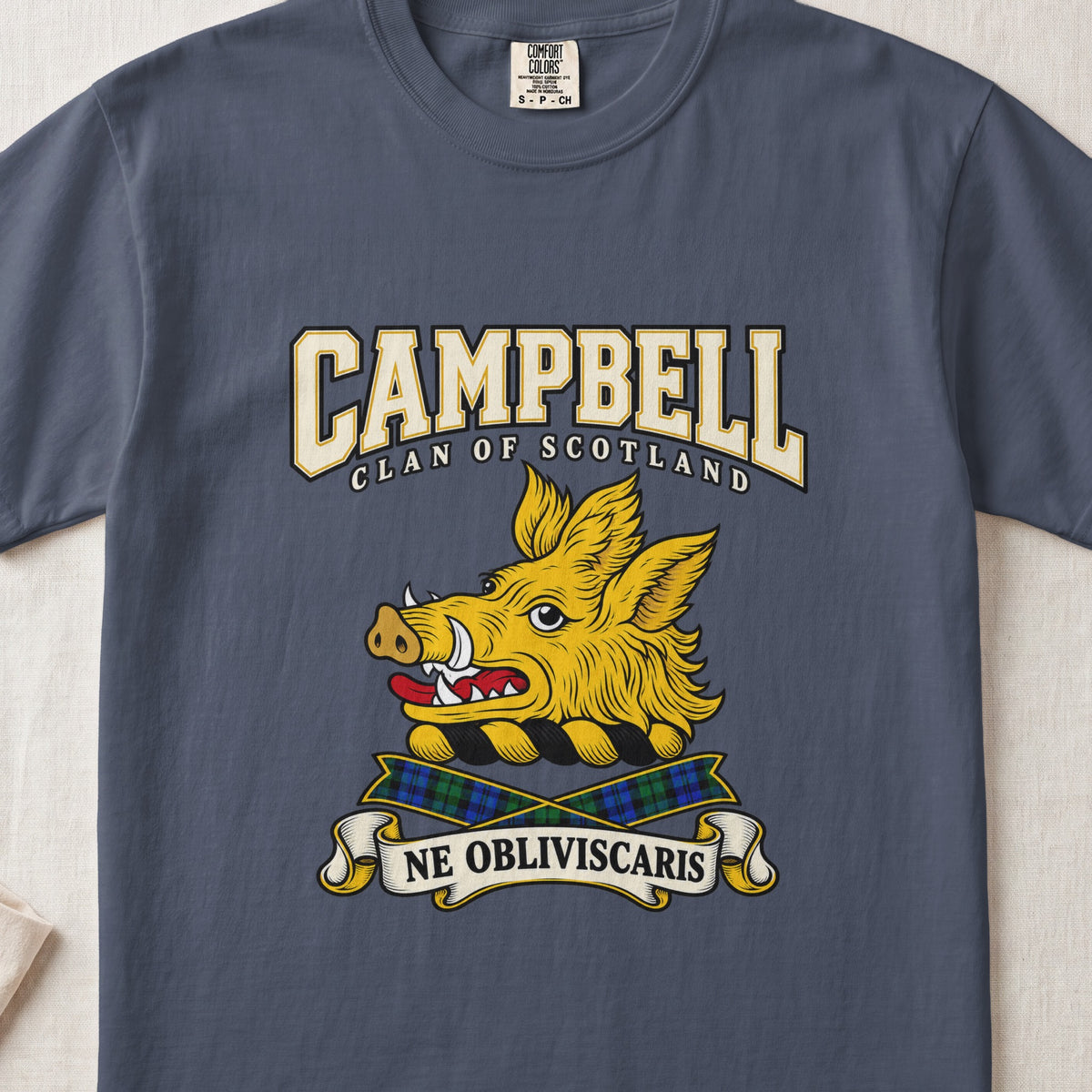 Campbell graphic T-shirt in Midnight blue, front flat lay showing varsity lettering and gold boar head with tusks and red tongue.