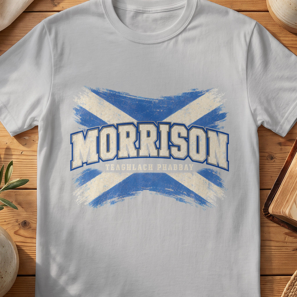 Morrison Scottish Saltire T-shirt in Sport Grey, with distressed blue and cream flag and “Teaghlach Phabbay” lettering.