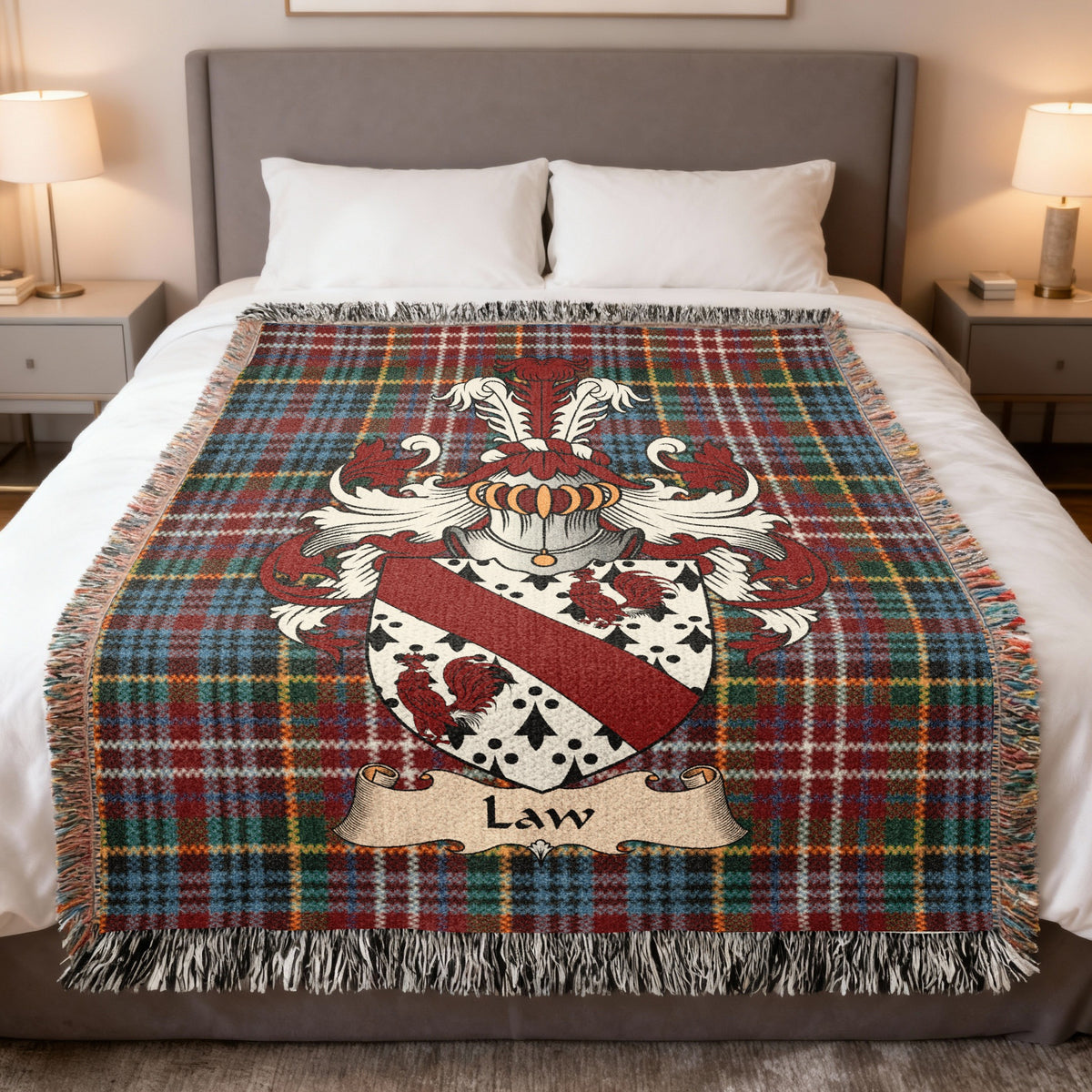 Law Caledonia tartan heritage woven throw blanket with family shield