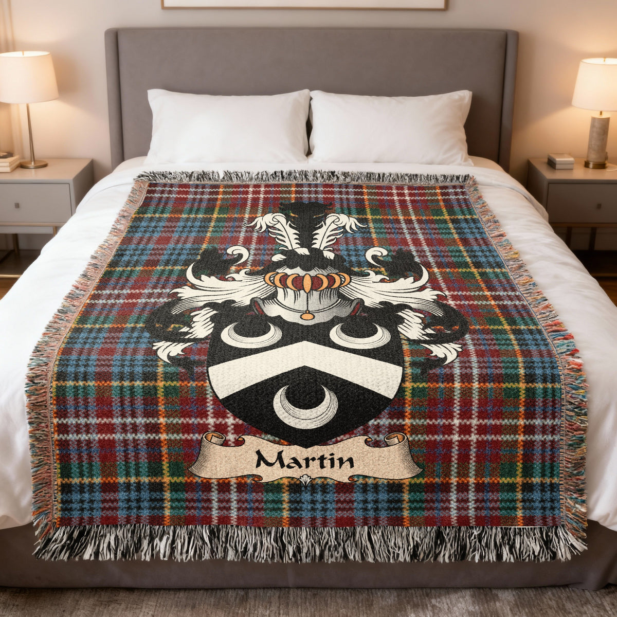 Martin Caledonia tartan heritage woven throw blanket with family shield