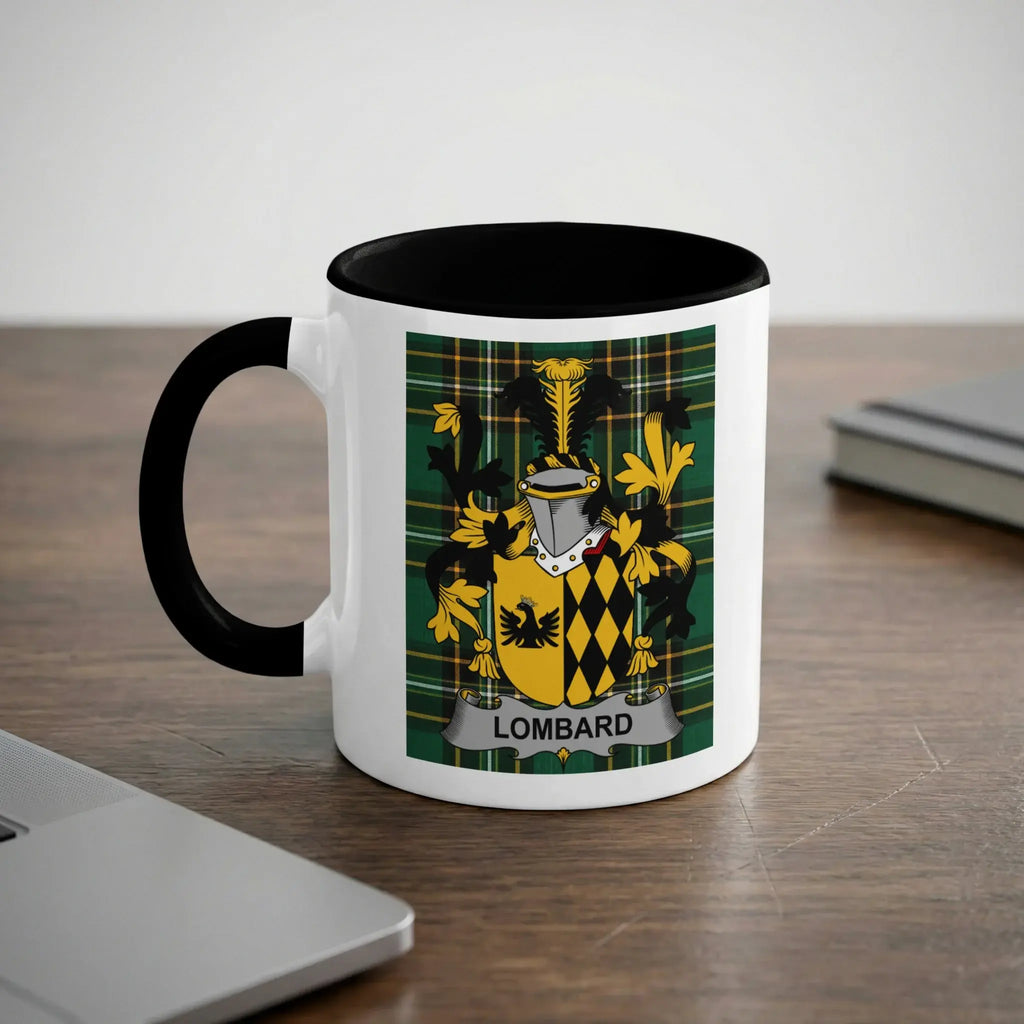 Lombard Irish heritage mug with black handle and family crest