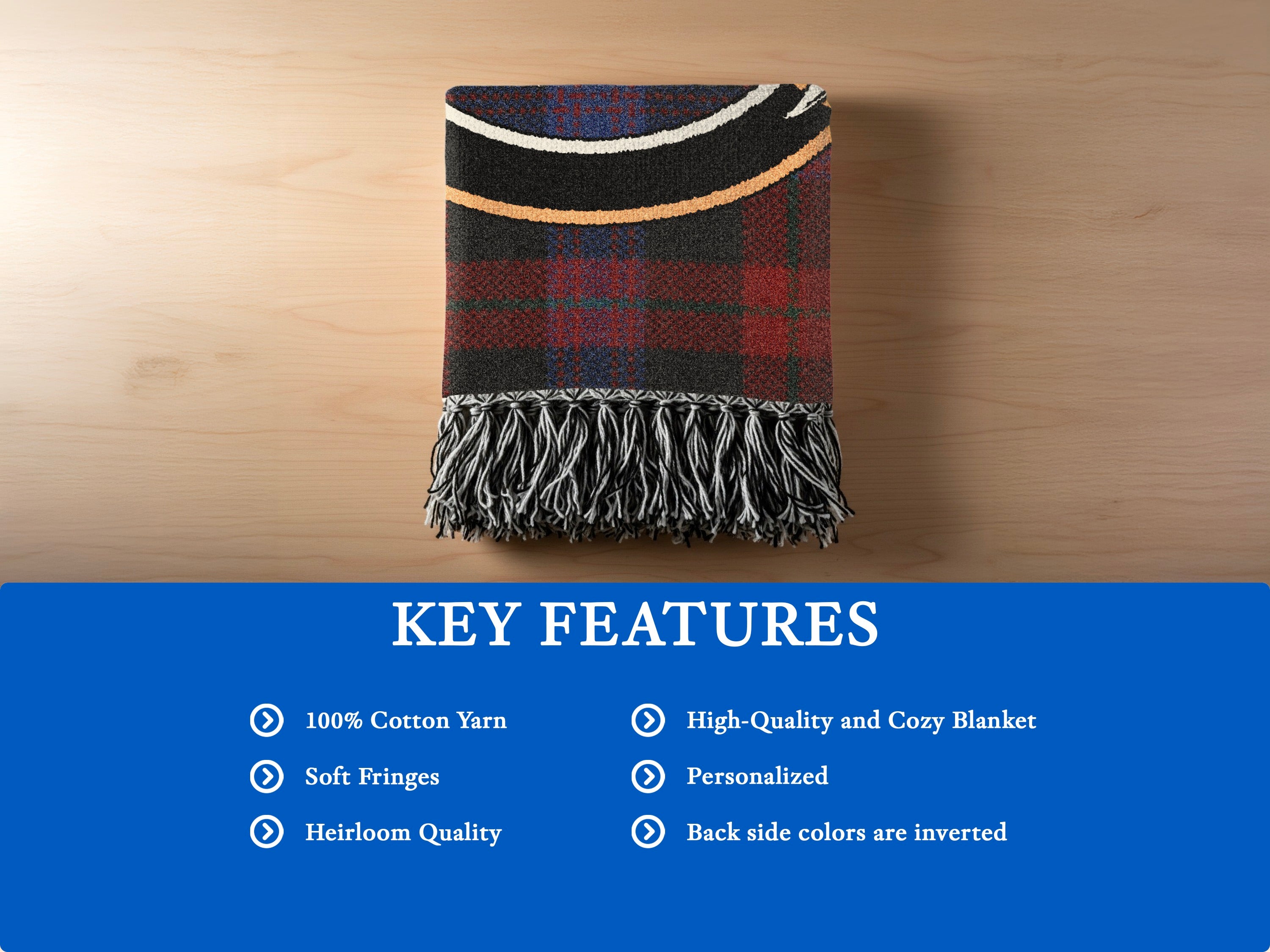 Brown woven blanket detail — 100% cotton yarn tartan with soft fringe edges