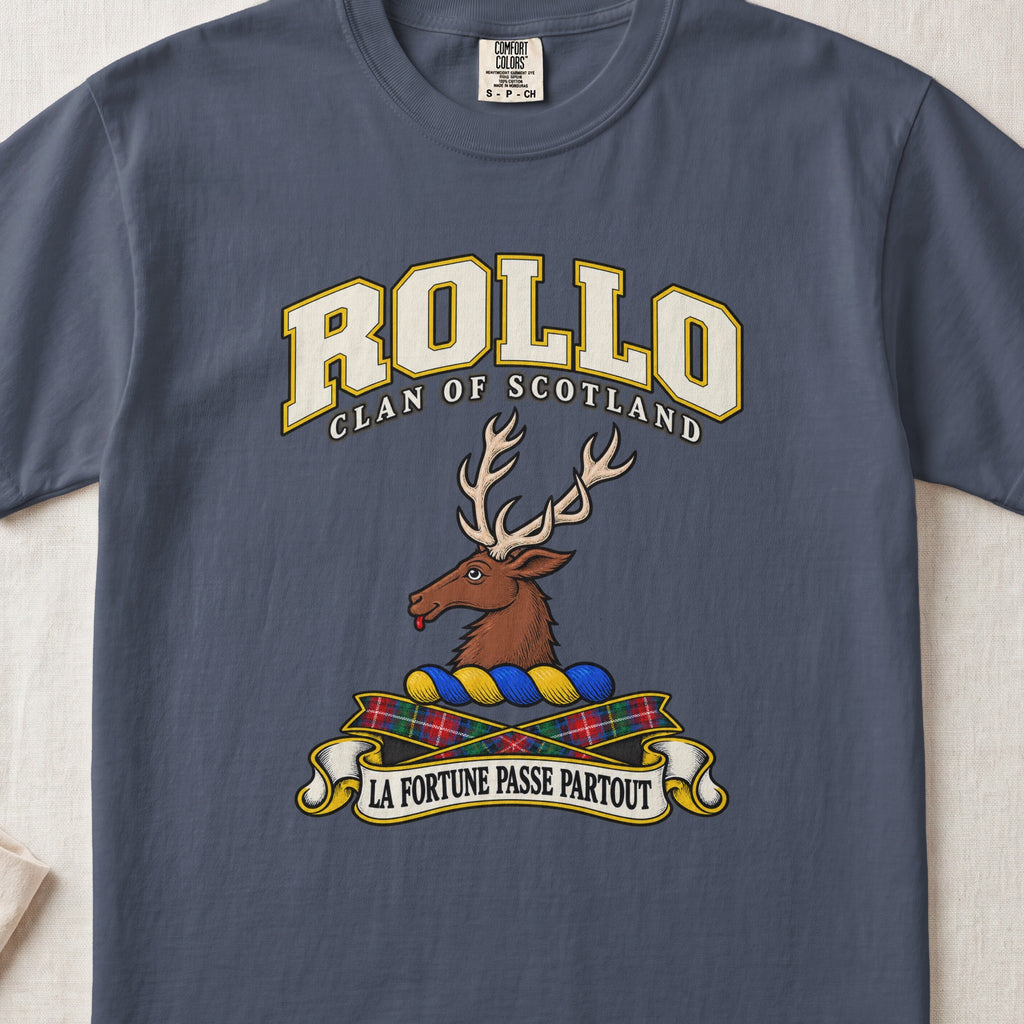 Rollo Scottish clan T-shirt in Midnight, front view with a brown stag head with antlers and motto design.