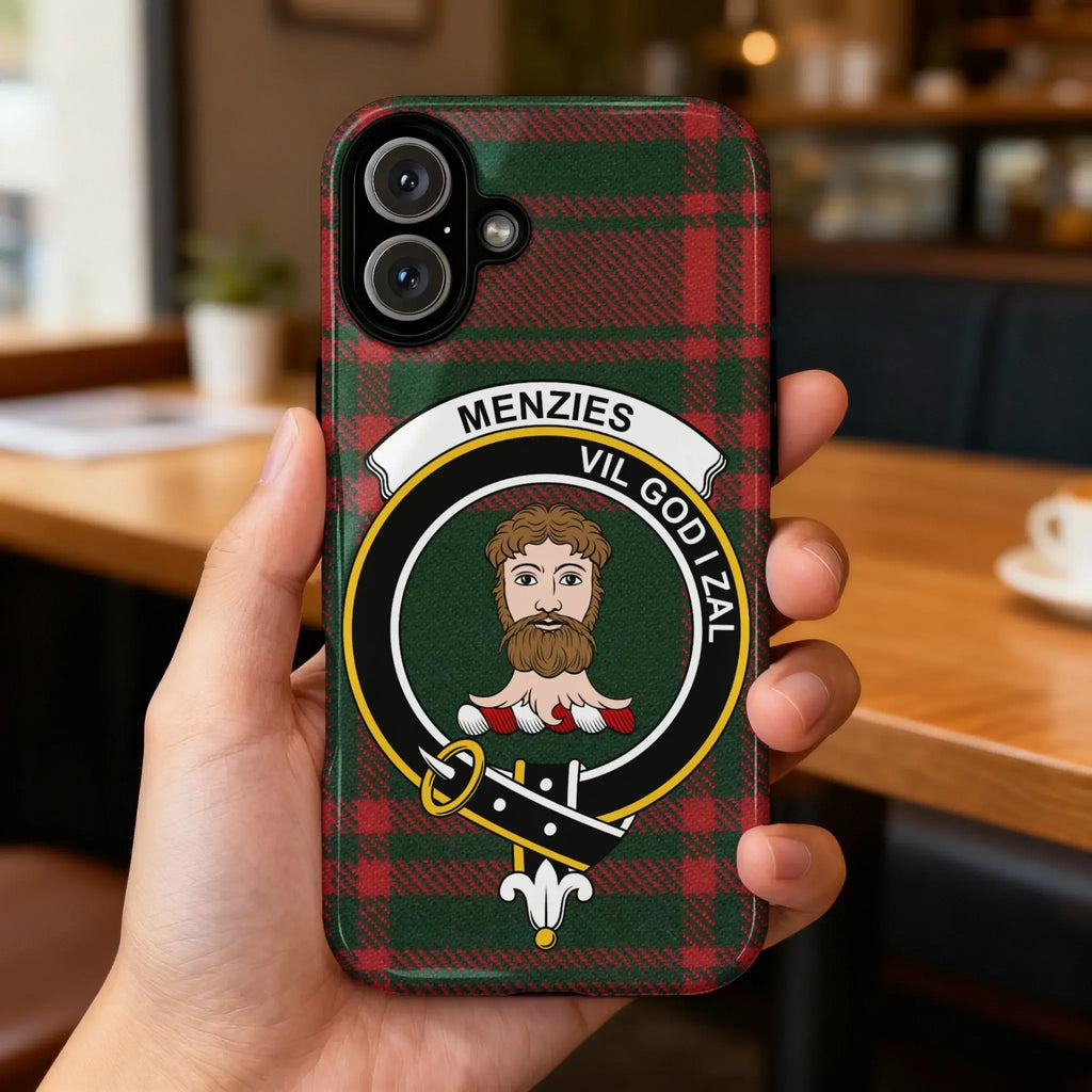 Clan Menzies Vil God I Zal tartan phone case — glossy full-wrap print with clan crest on iPhone
