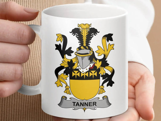 Tanner Family Crest Black and Gold Shield mug - Celtic Ancestry Gifts