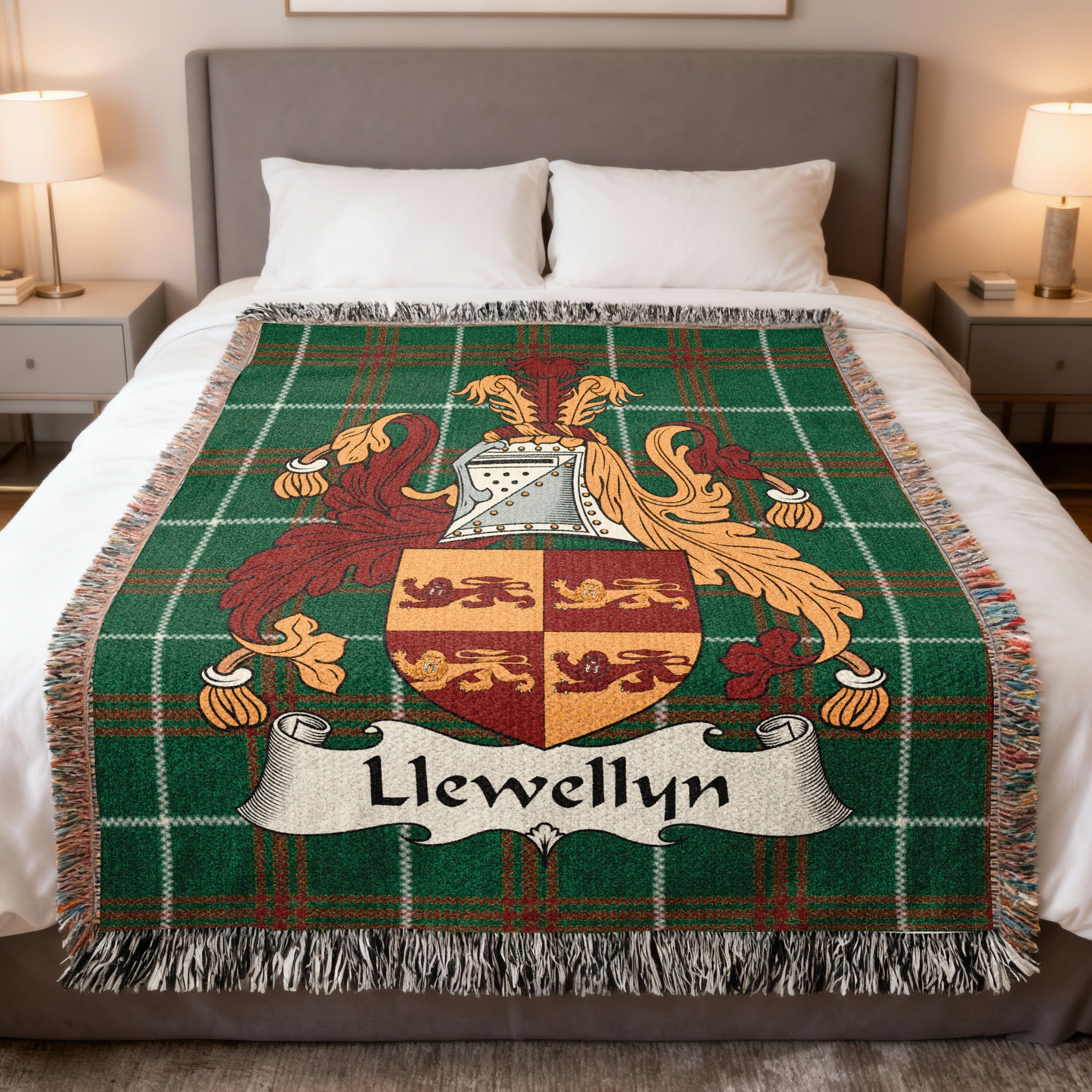 Llewellyn Welsh crest woven blanket on Welsh national tartan