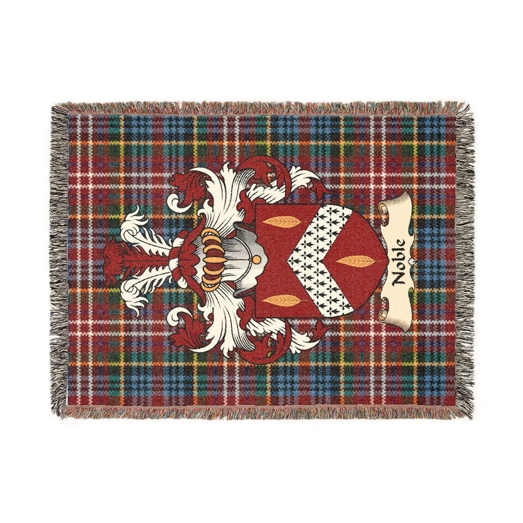 Noble Scottish woven blanket with family shield and Caledonia tartan background