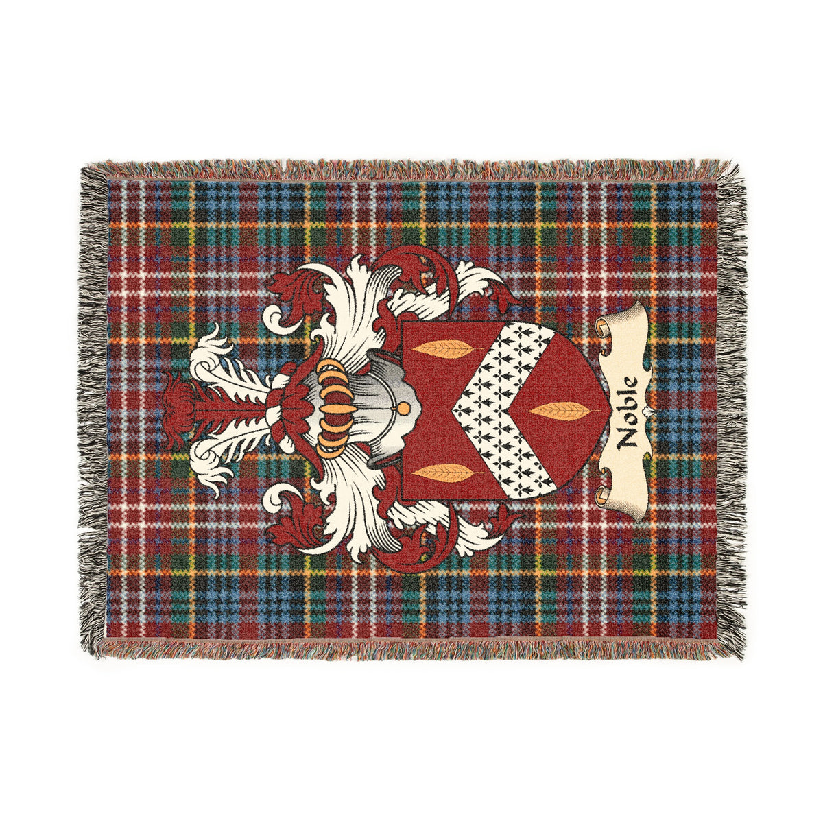 Noble Scottish woven blanket with family shield and Caledonia tartan background